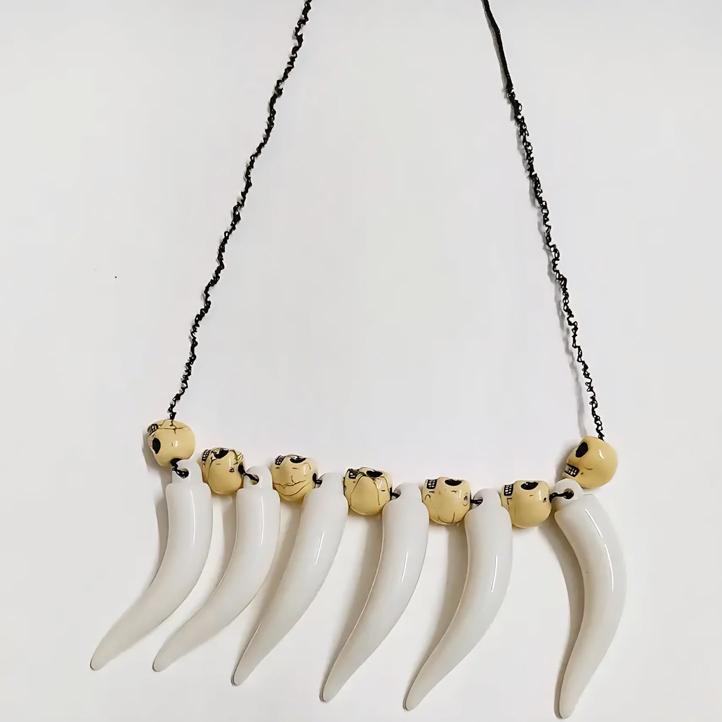 Gothic Skull and Fang Statement Necklace, White Resin Teeth with Gold Skull Beads, Black Chain
