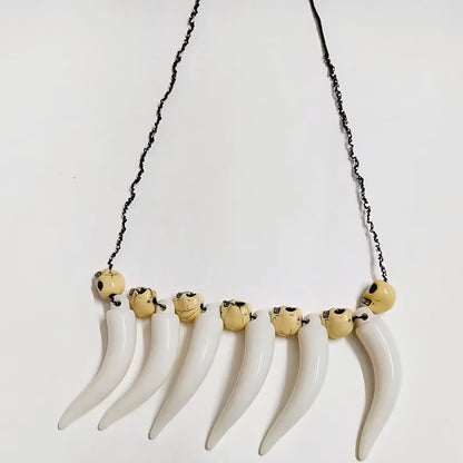 Gothic Skull and Fang Statement Necklace, White Resin Teeth with Gold Skull Beads, Black Chain