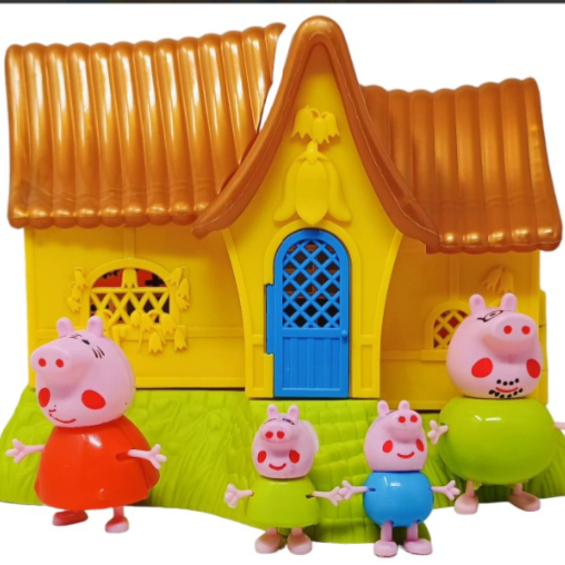 Toy house with Peppa Pig figures in front on a white background