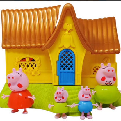 Toy house with Peppa Pig figures in front on a white background