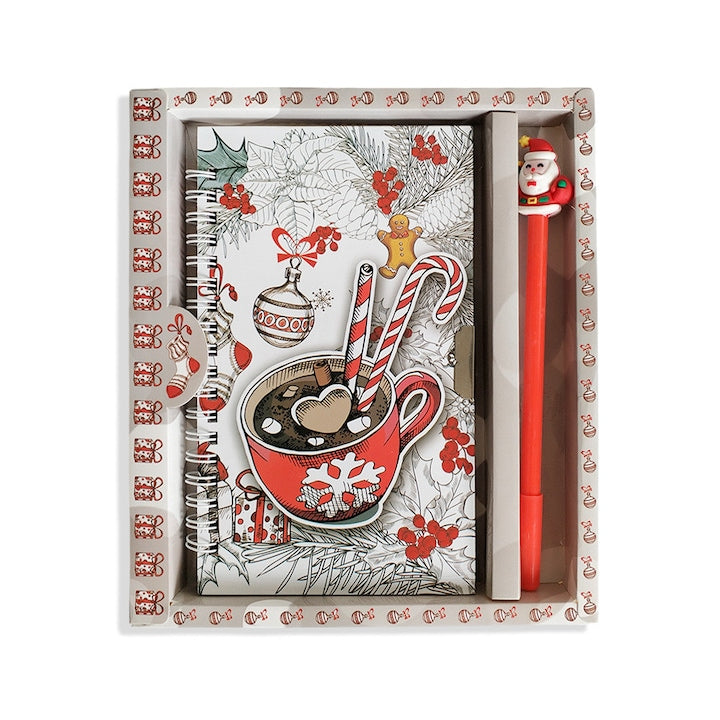 Notebook and pen set with Christmas theme, Key closure for kids return gifts