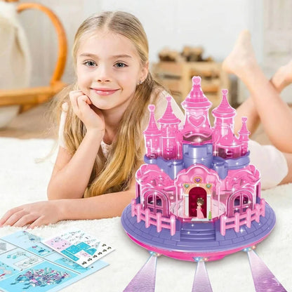 Young girl playing with a toy castle on a light-colored floor.