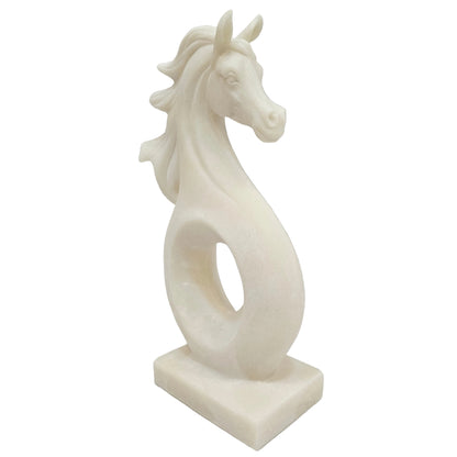 This white polyresin horse sculpture is designed with a minimalist, abstract aesthetic featuring a flowing mane and a circular opening in the center