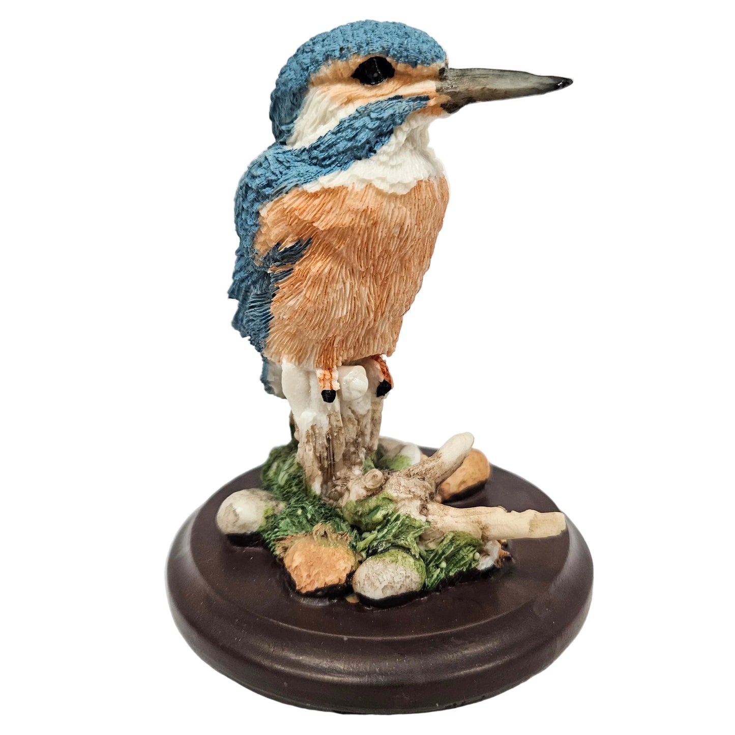 kingfisher figurine, featuring a blue and orange bird perched on a wooden base