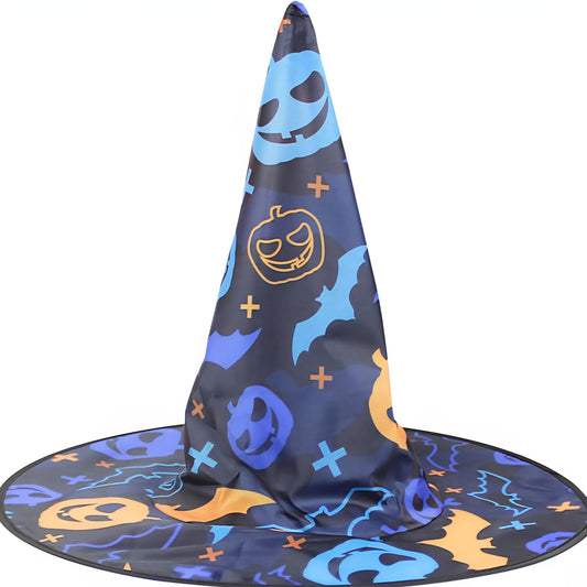 Halloween Witch Hat Pointed Hat Print Pumpkin Bat Chic Hat Solid Colour for Cosplay Costume Party Witch Hat Jacket kids,Teens&Adults, Blue, One Size