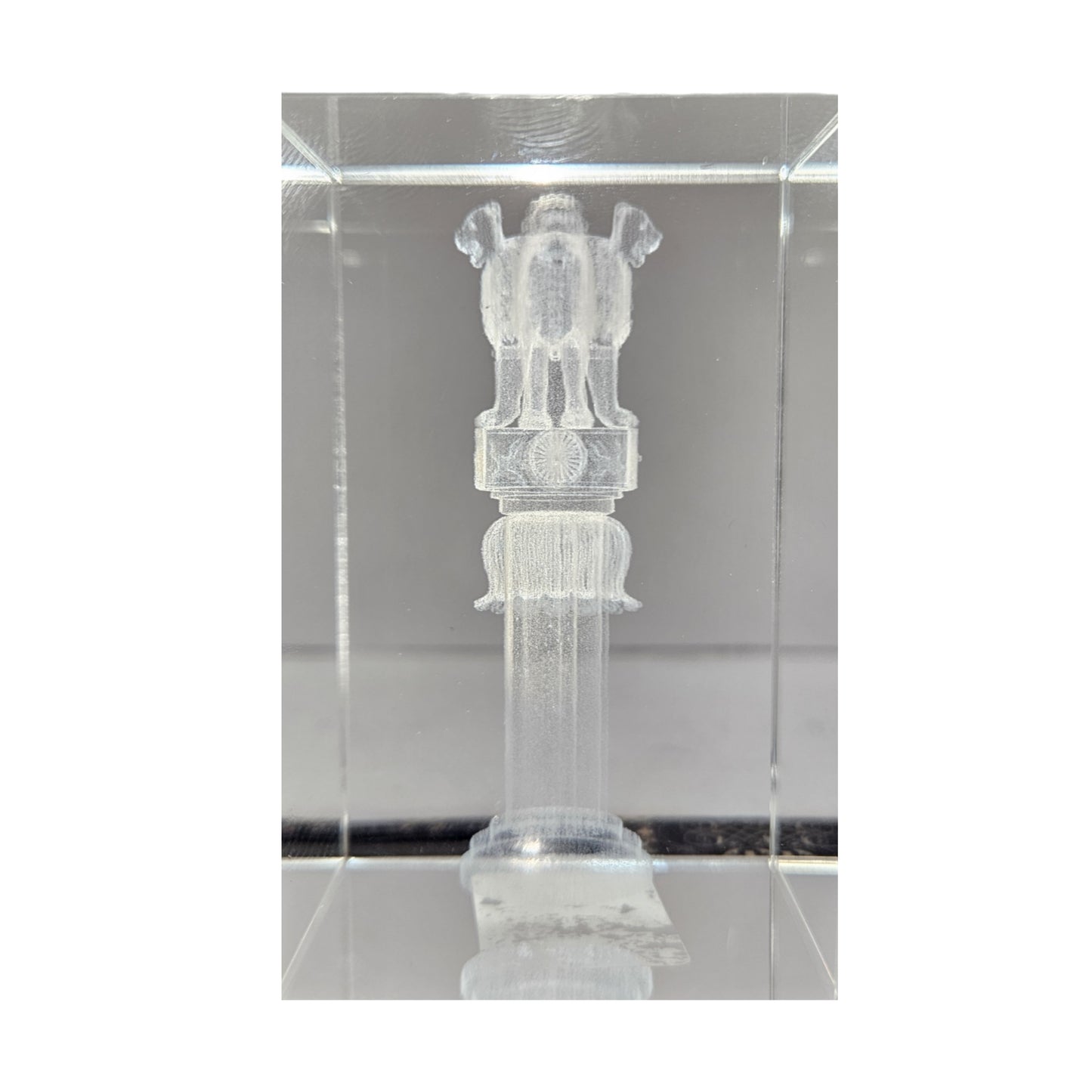 3D Laser Engraved Crystal Block Paper Weight Desk Accessory with Engraving of Ashoka Pillar Showpiece Figurine