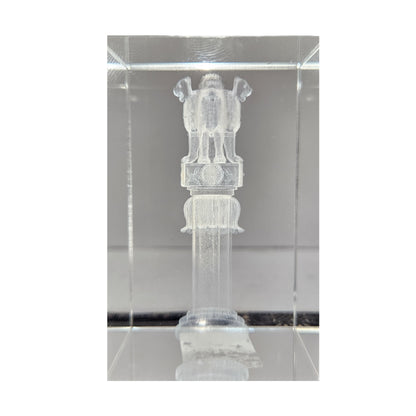 3D Laser Engraved Crystal Block Paper Weight Desk Accessory with Engraving of Ashoka Pillar Showpiece Figurine