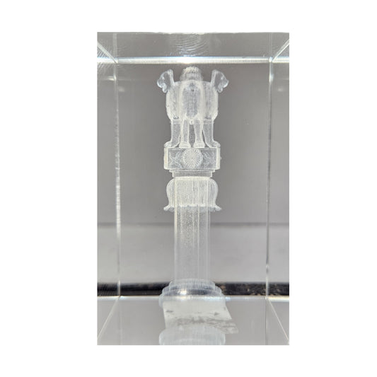 3D Laser Engraved Crystal Block Paper Weight Desk Accessory with Engraving of Ashoka Pillar Showpiece Figurine