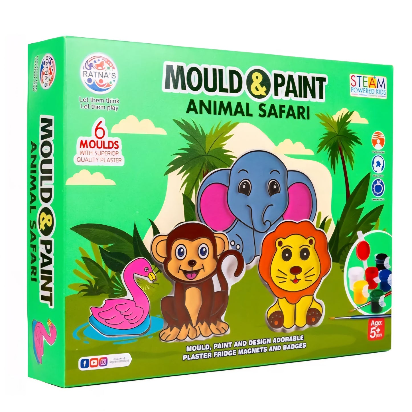 Ratnas Mould & Paint Animal Safari Toy Set, 6 Moulds with Plaster, Paints, Ages 5+