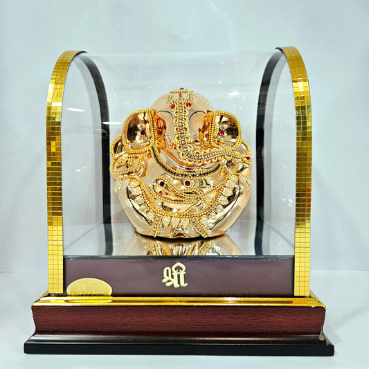 Imported 24carat Gold Plated Cabin Idol with stones Decorated of Ganesha with Full Decorate for Puja Room Or Home Decor