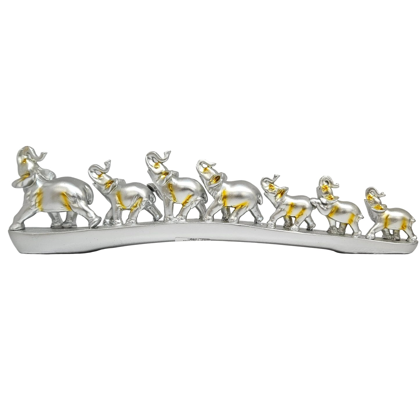 Decorative showpiece seven elephants walking in a row along a curved, bridge-like base