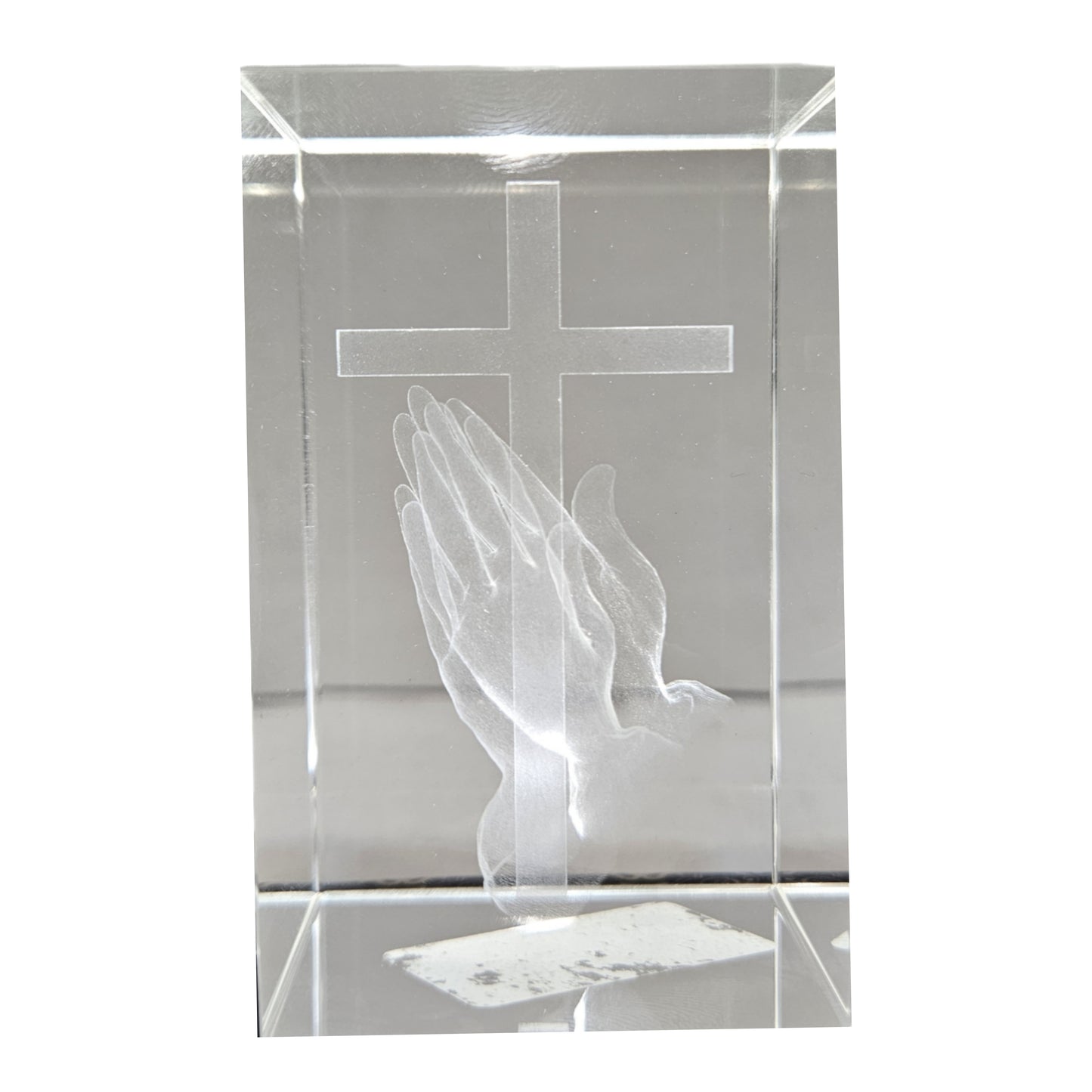 3D laser-engraved crystal cube featuring praising hands with cross Showpiece Figurine