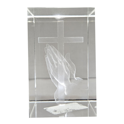 3D laser-engraved crystal cube featuring praising hands with cross Showpiece Figurine
