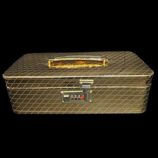 Luxurious Gold Jewelry Box with Combination Lock, Textured Pattern Storage Case, Beige Velvet Interior, Multiple Compartments for Rings, Necklaces