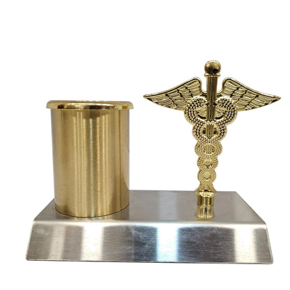 Doctor Symbol Pen Stand, Pencil Holder Stand Desk Organizer With Caduceus Symbol for Doctor's,Golden Metal Doctor Logo & Storage, Gifting on Doctor's Day, Convocation, Meetings