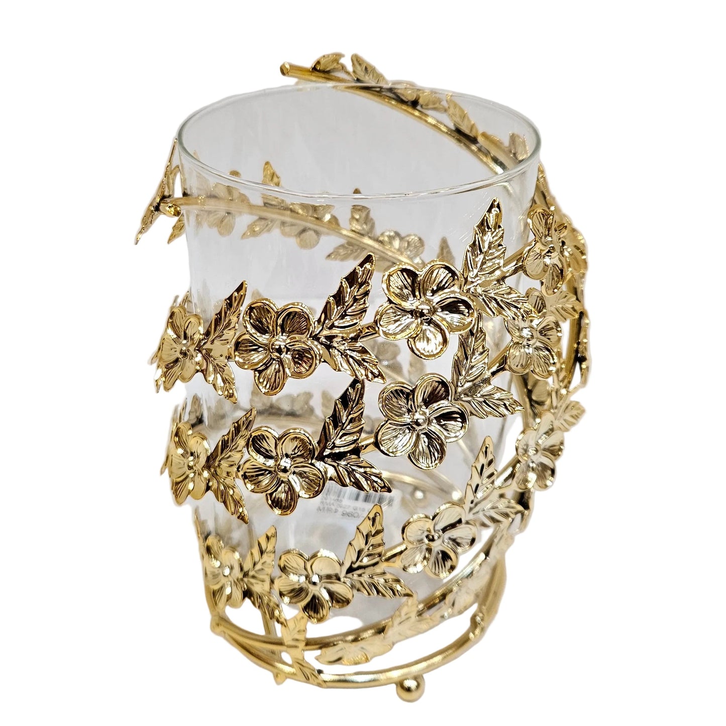 Heritage Renew Gold Textured Crackle Glass Hurricane Candle Holder with floral metallic accents