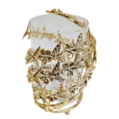 Heritage Renew Gold Textured Crackle Glass Hurricane Candle Holder with floral metallic accents