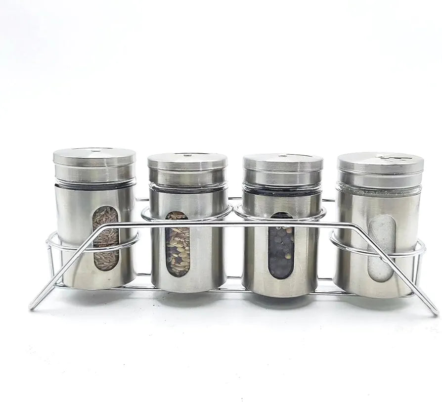 Spice Jar Stainless Steel & Glass with Holder Stand Set of 4 for Oregano,Chilli Flakes, Sugar, Seasoning Sprinkler,Air Tight Container,Dining Table Masala Box