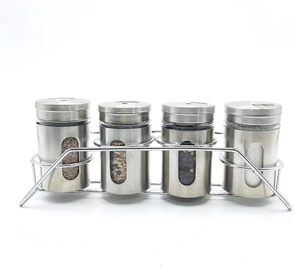 Spice Jar Stainless Steel & Glass with Holder Stand Set of 4 for Oregano,Chilli Flakes, Sugar, Seasoning Sprinkler,Air Tight Container,Dining Table Masala Box