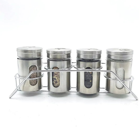 Spice Jar Stainless Steel & Glass with Holder Stand Set of 4 for Oregano,Chilli Flakes, Sugar, Seasoning Sprinkler,Air Tight Container,Dining Table Masala Box