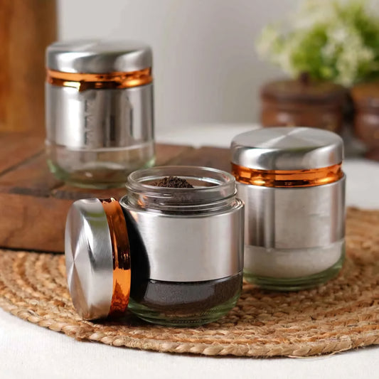 350ML Glass Food Storage Airtight tea coffee sugar containers for Kitchen Storage Container with Lid for tea coffee & Sugar, Dry Fruit jars, Storage Box, Set of 3