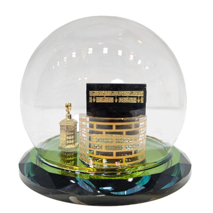 Elegant Kaaba & Maqam Ibrahim Miniature Showpiece in Glass Dome | Islamic Home Decor | Spiritual Tabletop Display with Gold Detailing