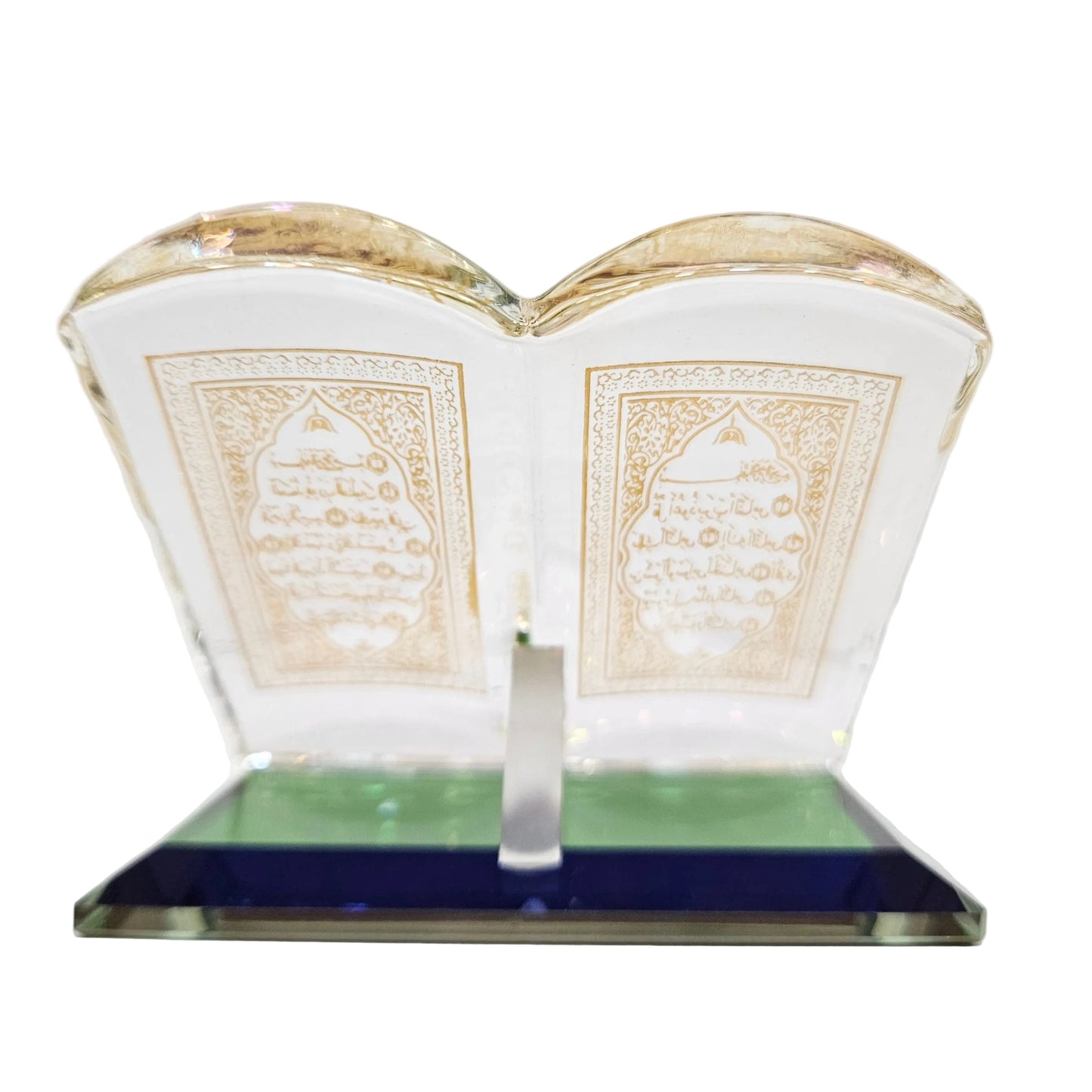 Decorative crystal showpiece styled like an open book, specifically an Islamic ornament featuring Quranic verses