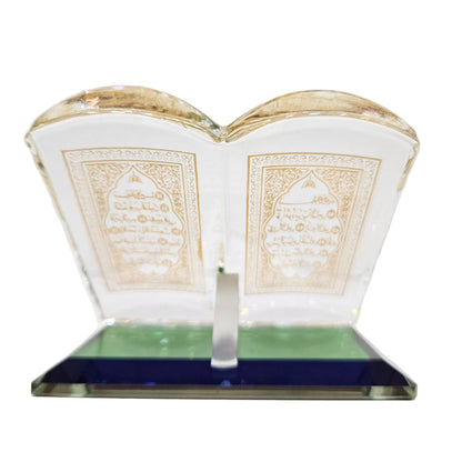 Decorative crystal showpiece styled like an open book, specifically an Islamic ornament featuring Quranic verses