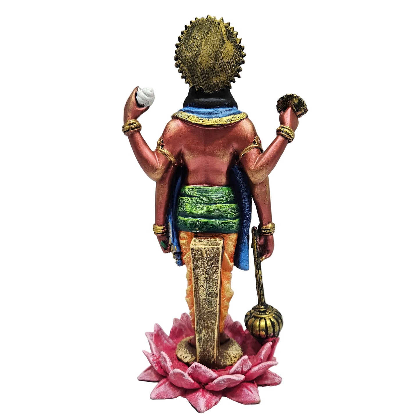 Lord Vishnu polyresin idol, depicted in his traditional four-armed standing form atop a blooming pink lotus base