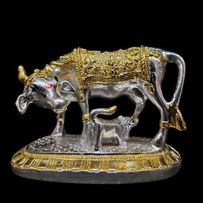 Kamdhenu Cow and Calf Idol, Gold and Silver Plated Polyresin