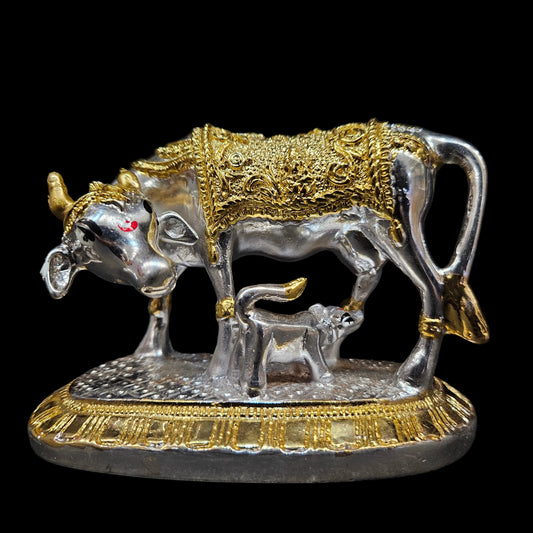 Kamdhenu Cow and Calf Idol, Gold and Silver Plated Polyresin