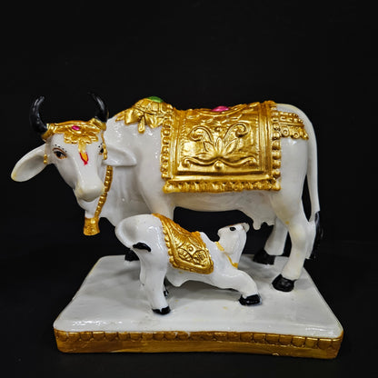Cow & Calf gold & white Statue in Marble Dust, Cow Idol, Showpiece for Home Decor, Handmade Divine Cow, Mother Cow with Baby Calf, kamdhenu