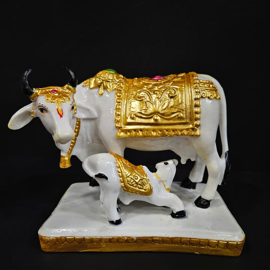 Cow & Calf gold & white Statue in Marble Dust, Cow Idol, Showpiece for Home Decor, Handmade Divine Cow, Mother Cow with Baby Calf, kamdhenu