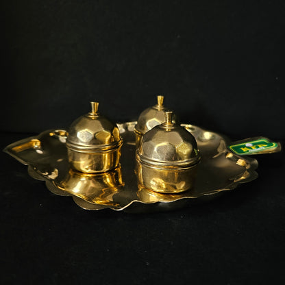 Pure Brass Chandan Roli/Tika Chopda Set/Chawal Akshat Haldi Dibbi/Kumkum Holder Box with Lid Brass Brass