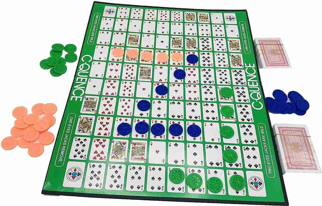 the "C-Quence" board game, a strategy game for ages 7 and up. It is designed for 2-12 players and involves forming sequences of five chips in a row on the game board.