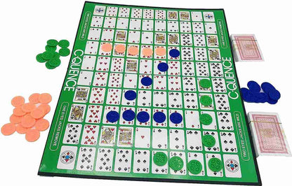 the "C-Quence" board game, a strategy game for ages 7 and up. It is designed for 2-12 players and involves forming sequences of five chips in a row on the game board.