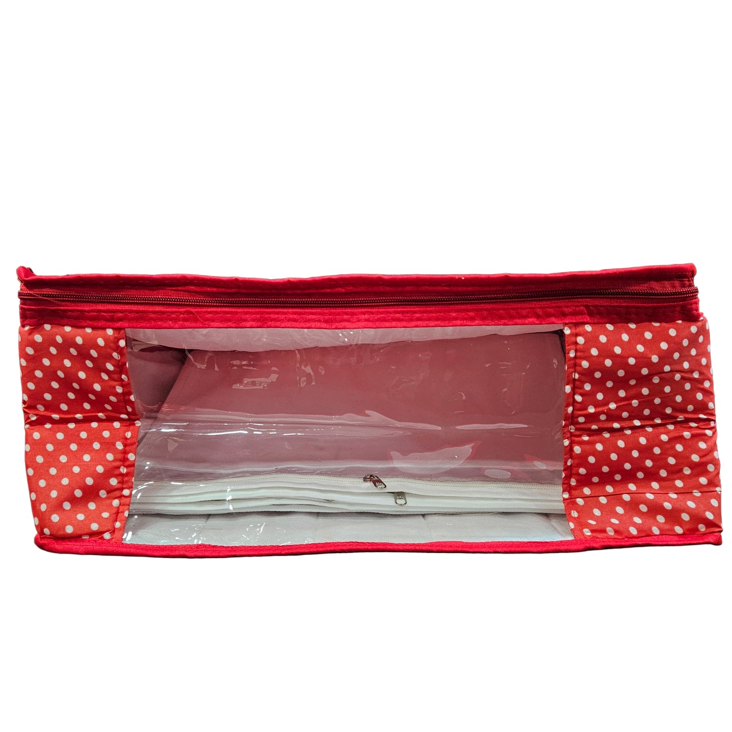 Classy Red with White Doted Designer Transparent Zipper 12 Partition Saree storage bag