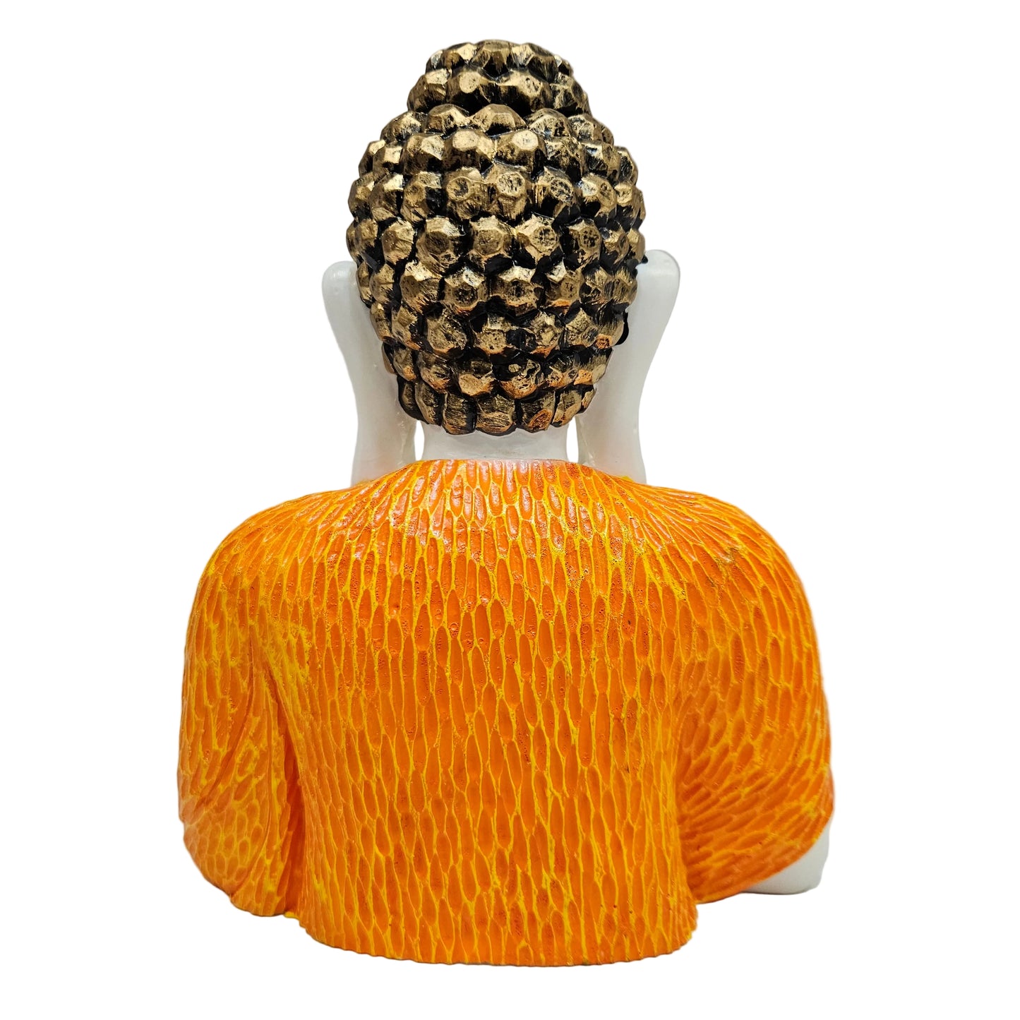 handcrafted Orange and White Polyresin meditating Buddha statue featuring a unique texture