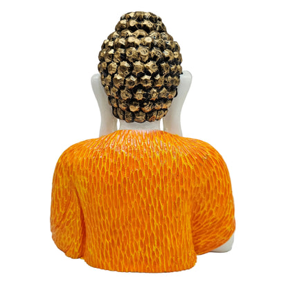 handcrafted Orange and White Polyresin meditating Buddha statue featuring a unique texture