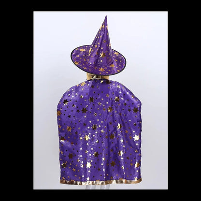 Hooded Cloak Pointed Hat Set Anime Cosplay Party Star Pattern Girls Boys Magic Outfit Cape