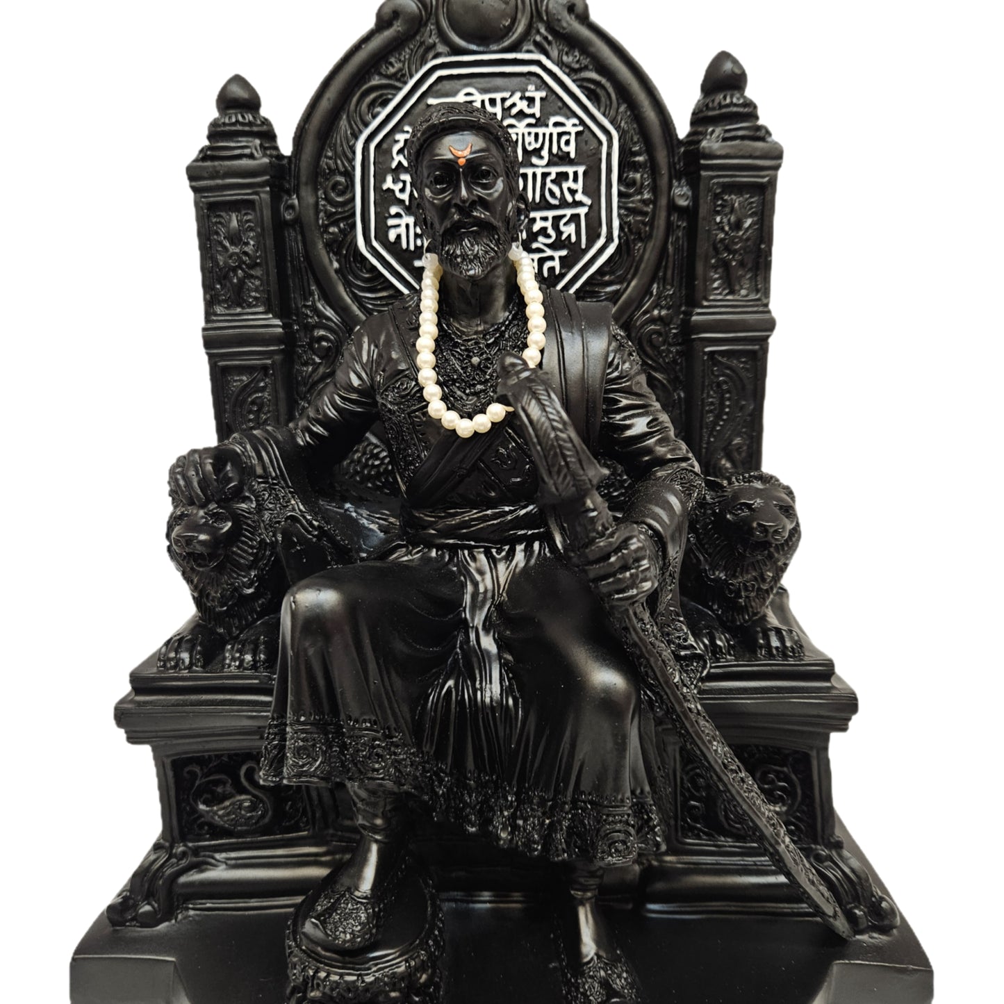 Chatrapati Shivaji Maharaj Statue on Royal Throne, Handcrafted Poly Marble Dust Decorative Murti, Black Finish, Premium Home Office Temple Décor