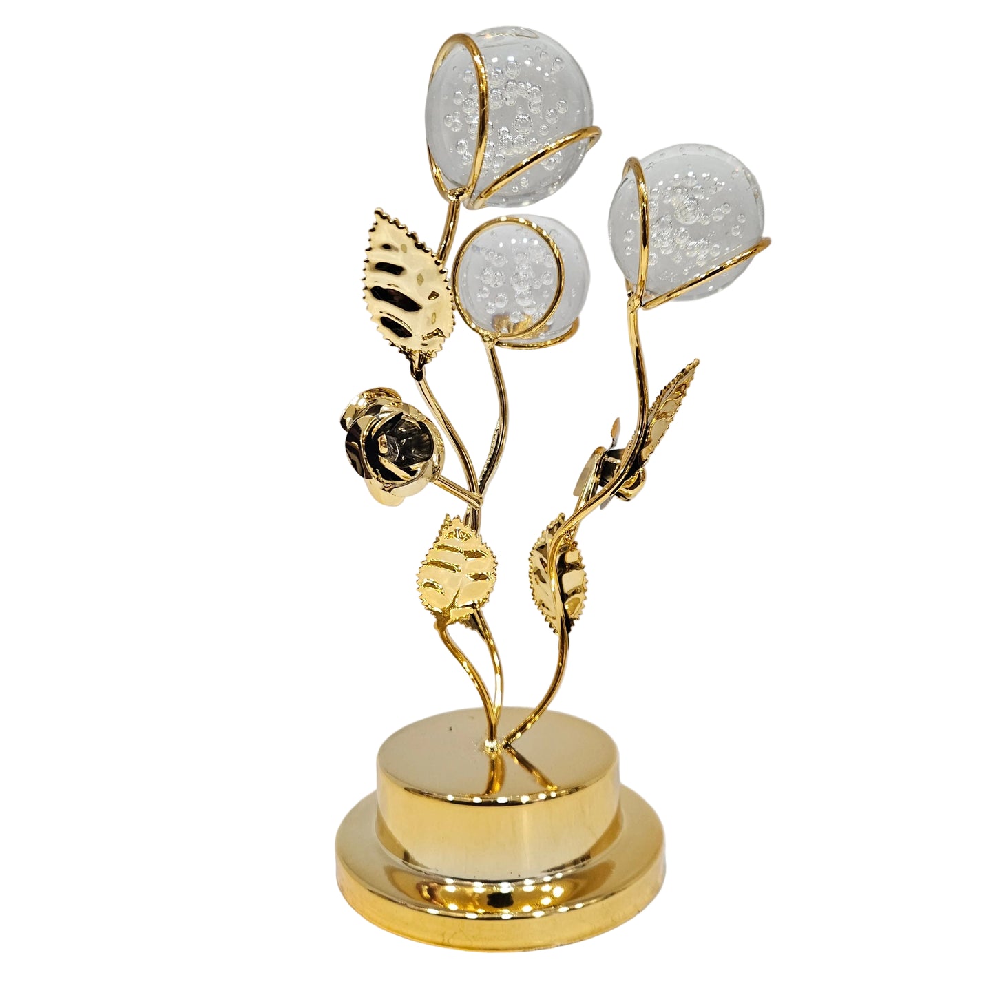 Golden floral metal showpiece features crystal glass globes with delicate bubbles