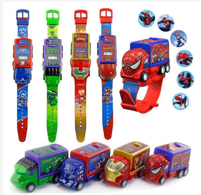 Super Action Figure Caption a Shield Hero of amrica| Truck Car Shaped Pull Back 6 Images Projector Toy Wrist Watceh for Kids| Different Images Projection with Detachable Moving Truck Toy Watch