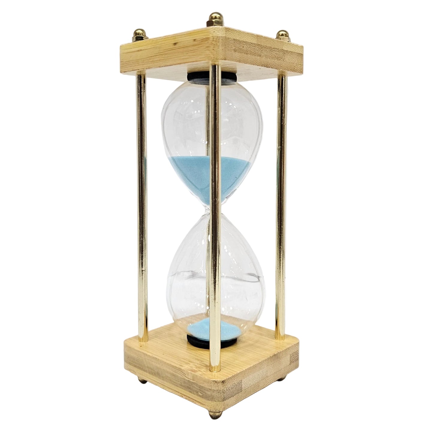 Decorative 10min hourglass featuring a light blue sand timer housed in a light wood and gold metal frame
