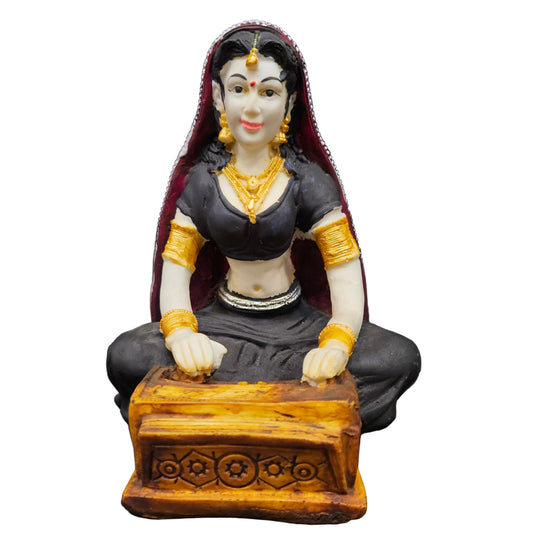 Polyresin Rajasthani Women Statue Preparing Makkhan Handcrafted Human Figurine Decorative Showpiece for Home Decor