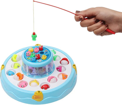 GoGo Fishing 2 layer fishing pond.16 big fishes, 10 small fishes and 4 rods.lights and music entertain kids and help in their sensory development
Cute fish catching game for all age group players .