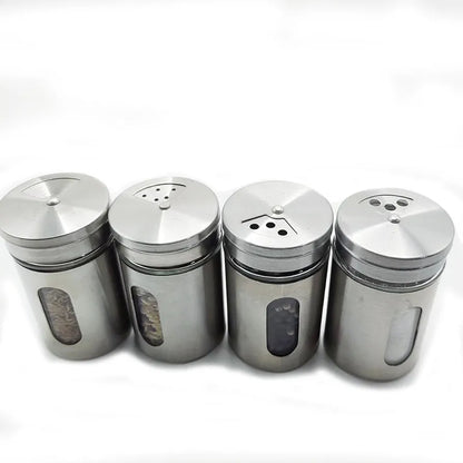 Spice Jar Stainless Steel & Glass with Holder Stand Set of 4 for Oregano,Chilli Flakes, Sugar, Seasoning Sprinkler,Air Tight Container,Dining Table Masala Box