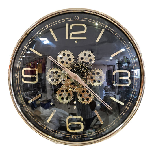 Decorative wall clock with gear design on a white background