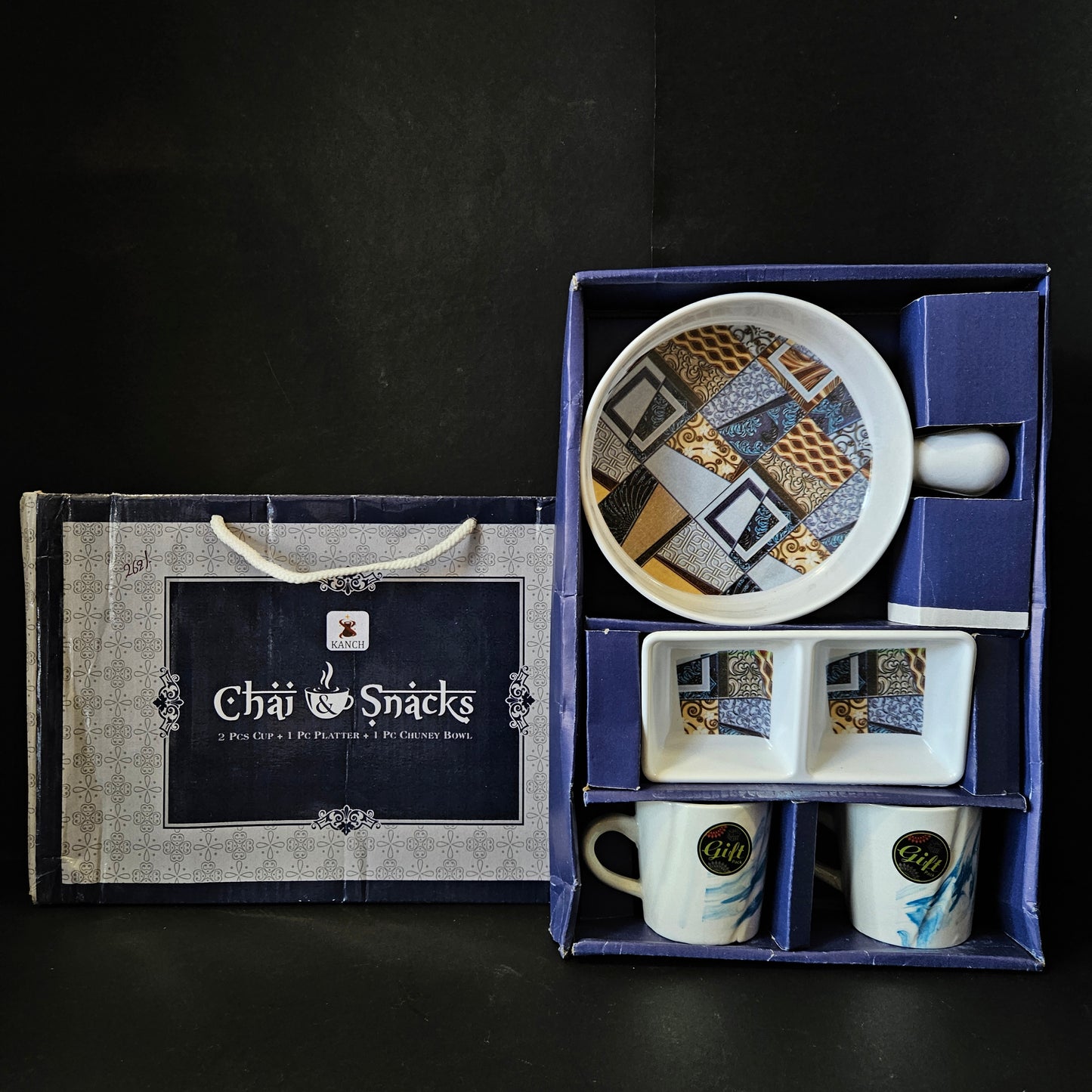 Kanch Chai & Snacks 2 Ceramic cups,1 chutney bowl & 1 platter