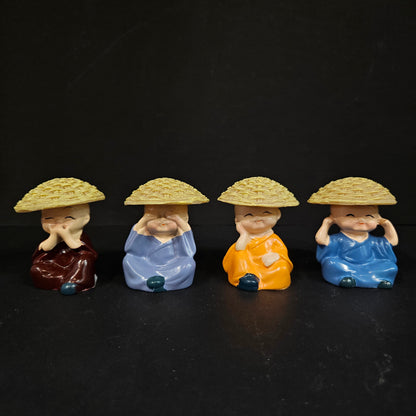 Think No Evil, Speak No Evil, Hear No Evil, See No Evil Set of 4 Baby Monk Buddha Statue with Hat Decorative Showpiece for car Dashboard, Home Office Decor & Gift Purpose